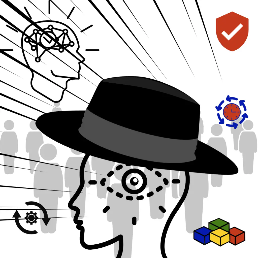 Stylized profile with a fedora surrounded by icons symbolizing focus, trust, repetition, system building, and audience connection — representing visual consistency in branding.