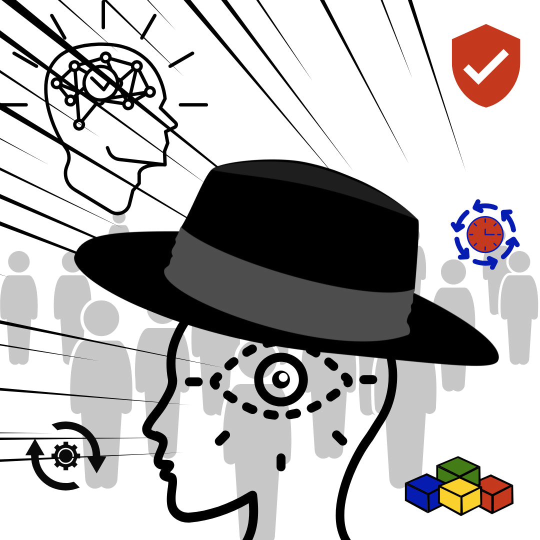 Stylized profile with a fedora surrounded by icons symbolizing focus, trust, repetition, system building, and audience connection — representing visual consistency in branding.