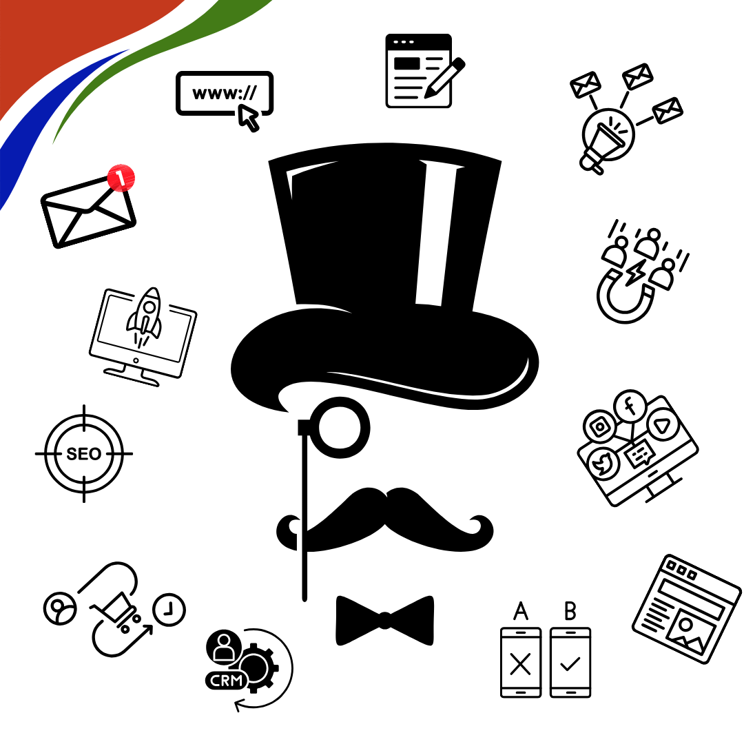 A stylized gentleman silhouette surrounded by icons representing web strategy, social media, SEO, CRM, email, and user engagement — symbolizing the power of owning your platform through a website.