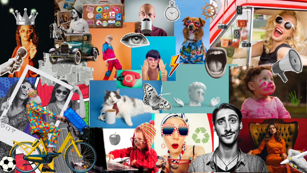 Colorful creative collage with diverse characters, objects, and graphics representing innovation, design, and imagination