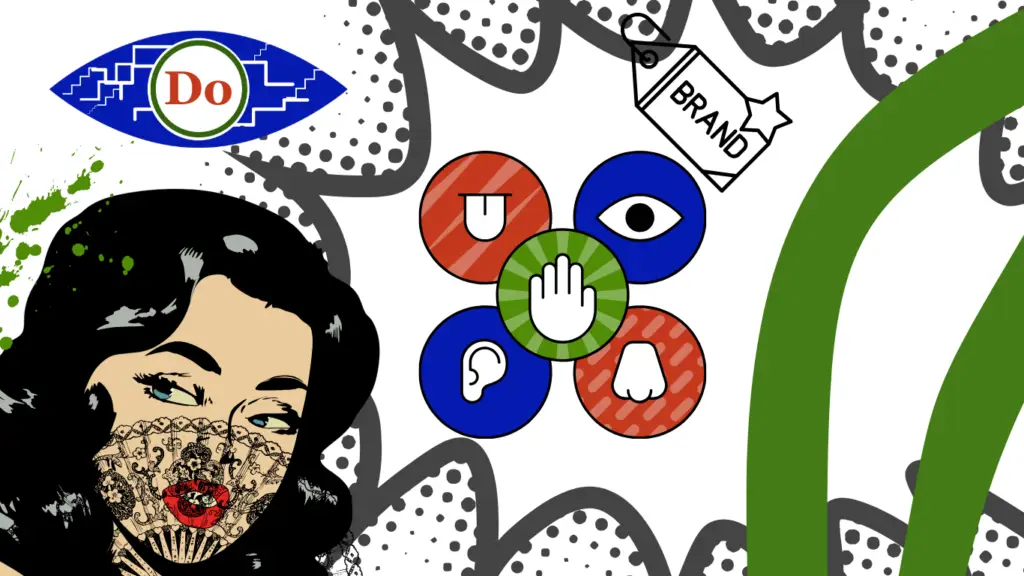 Pop-art image of a woman with branding icons like heart, eye, megaphone, representing strong and memorable brand identity.