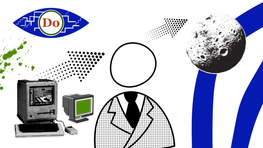 Retro-themed image with moon, vintage computer, and faceless business figure symbolizing futuristic and functional web development.