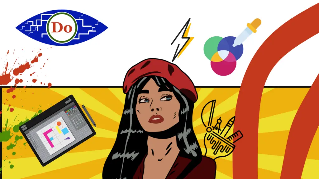 Pop-art style woman in red beret next to color tools and graphics, representing creative visual design.