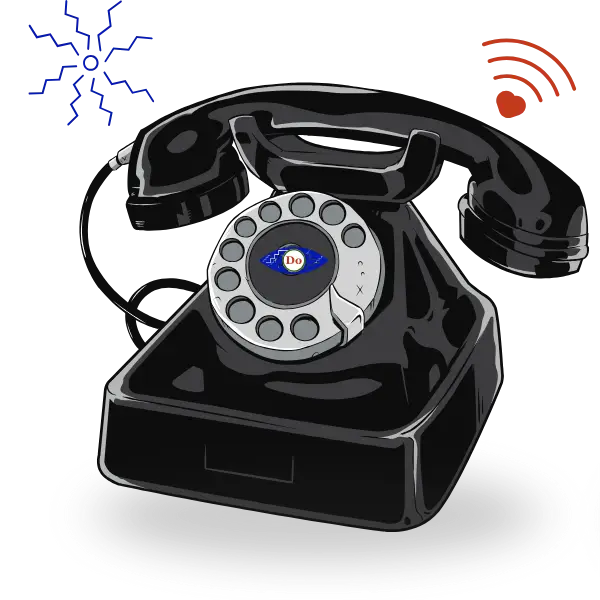 Retro rotary telephone on a yellow background with sound waves, inviting users to contact Expansion Do