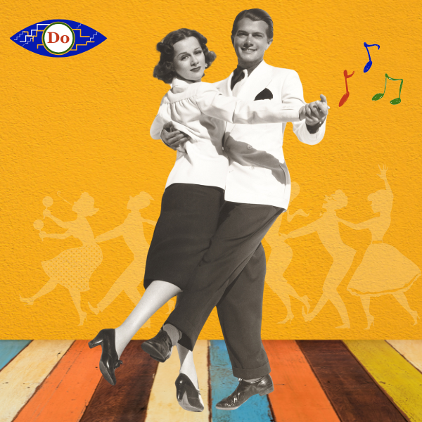 Vintage dancing couple on colorful floor with music notes and yellow wall, representing joyful and rhythmic brand mission.