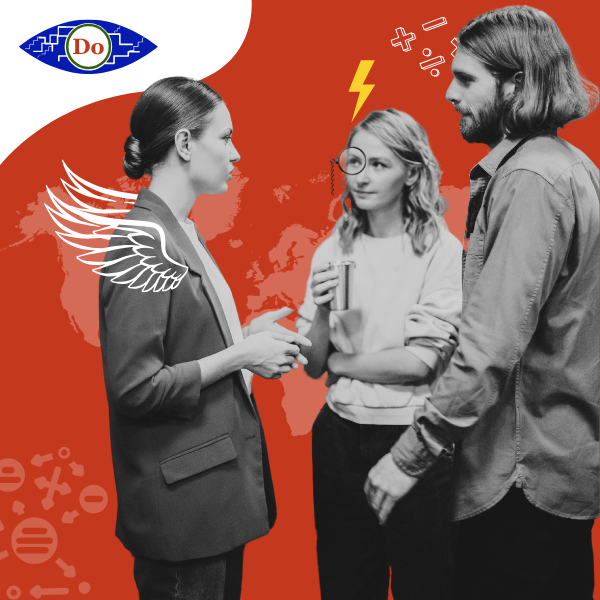 Creative team discussing ideas with graphic overlays of wings and lightning bolts, symbolizing innovation and collaboration